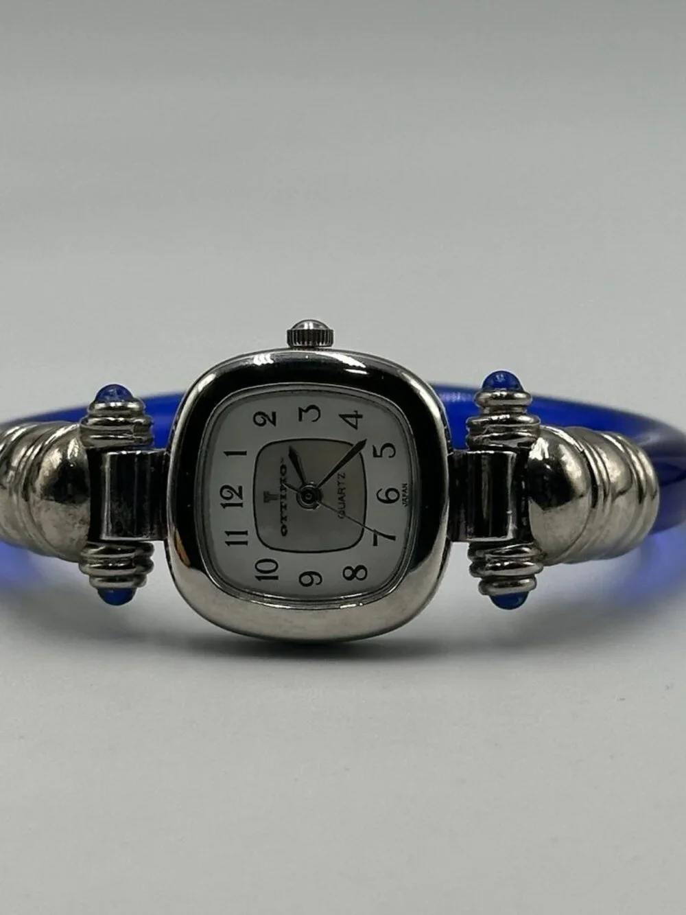 Ottimo Watch Women Silver Tonel Blue Transluscent Cuff Band New Battery